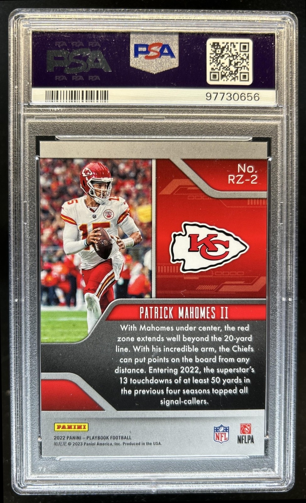 2022 Panini Playbook Patrick Mahomes II Red Zone Gold #/99 Chiefs PSA 8 view 2
