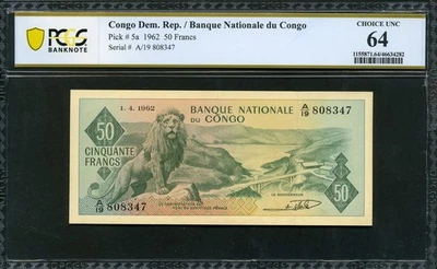 Congo République Démocratique 1962 50 Francs P5a PCGS 64 UNC - Photo 1/4