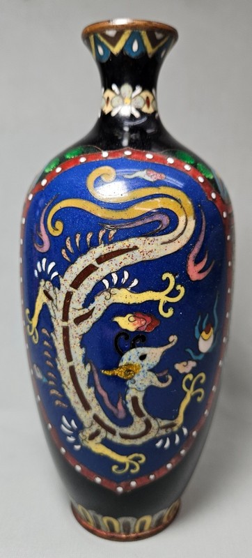 Antique Japanese Cloisonne dragon phoenix flower vase Meiji era 7 3/8 inches