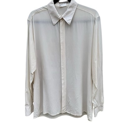 Prego Vintage Mens L Pure Silk Hidden Button Down Shirt Off White Long Sleeve