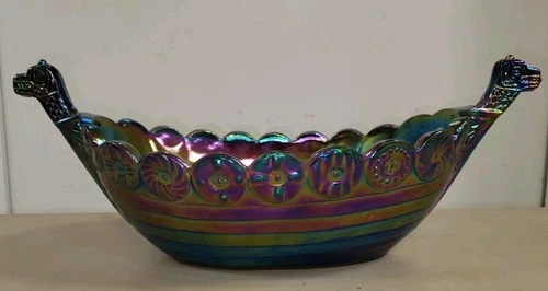 Vintage 13 3/4" Fenton Amethyst Carnival Irridescent Art Glass Viking Ship Bowl