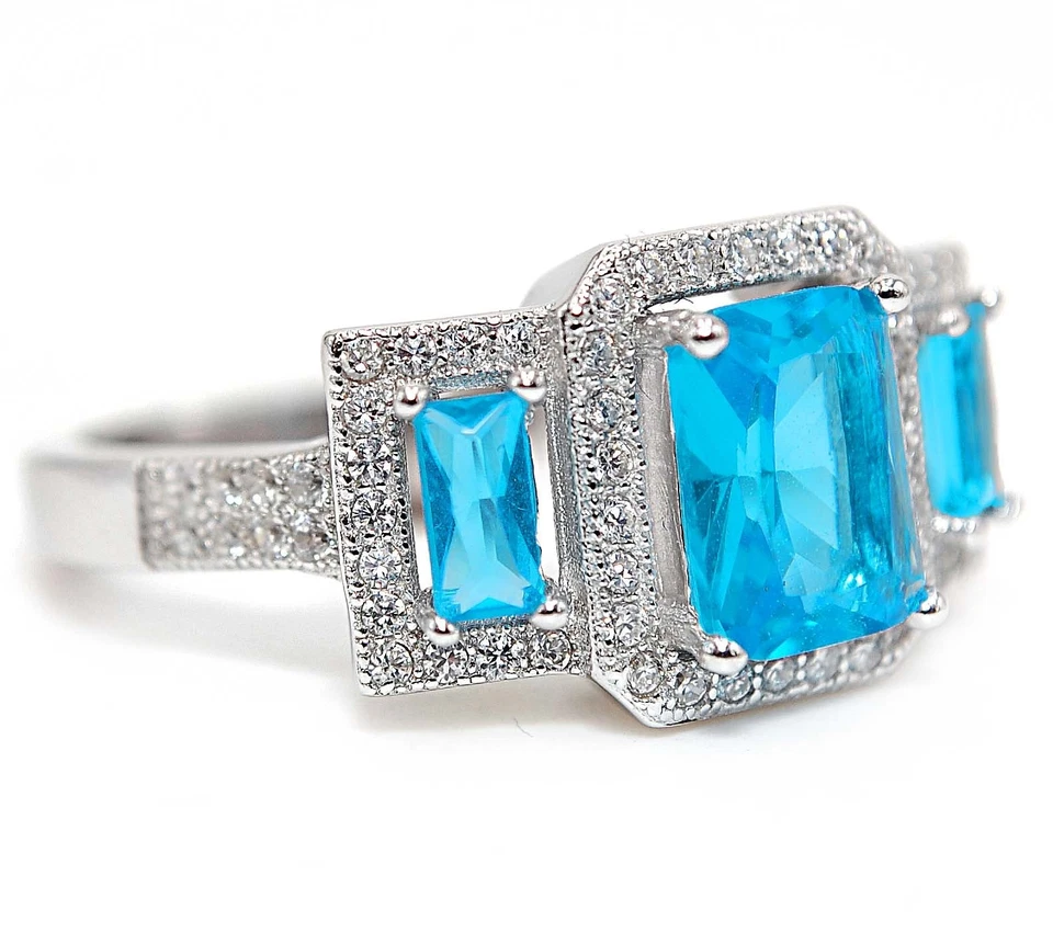 Кольцо из чистого стерлингового серебра 925 пробы с голубым топазом и белым топазом 2 карата ювелирные изделия размер 6  - Изображение 2 из 3