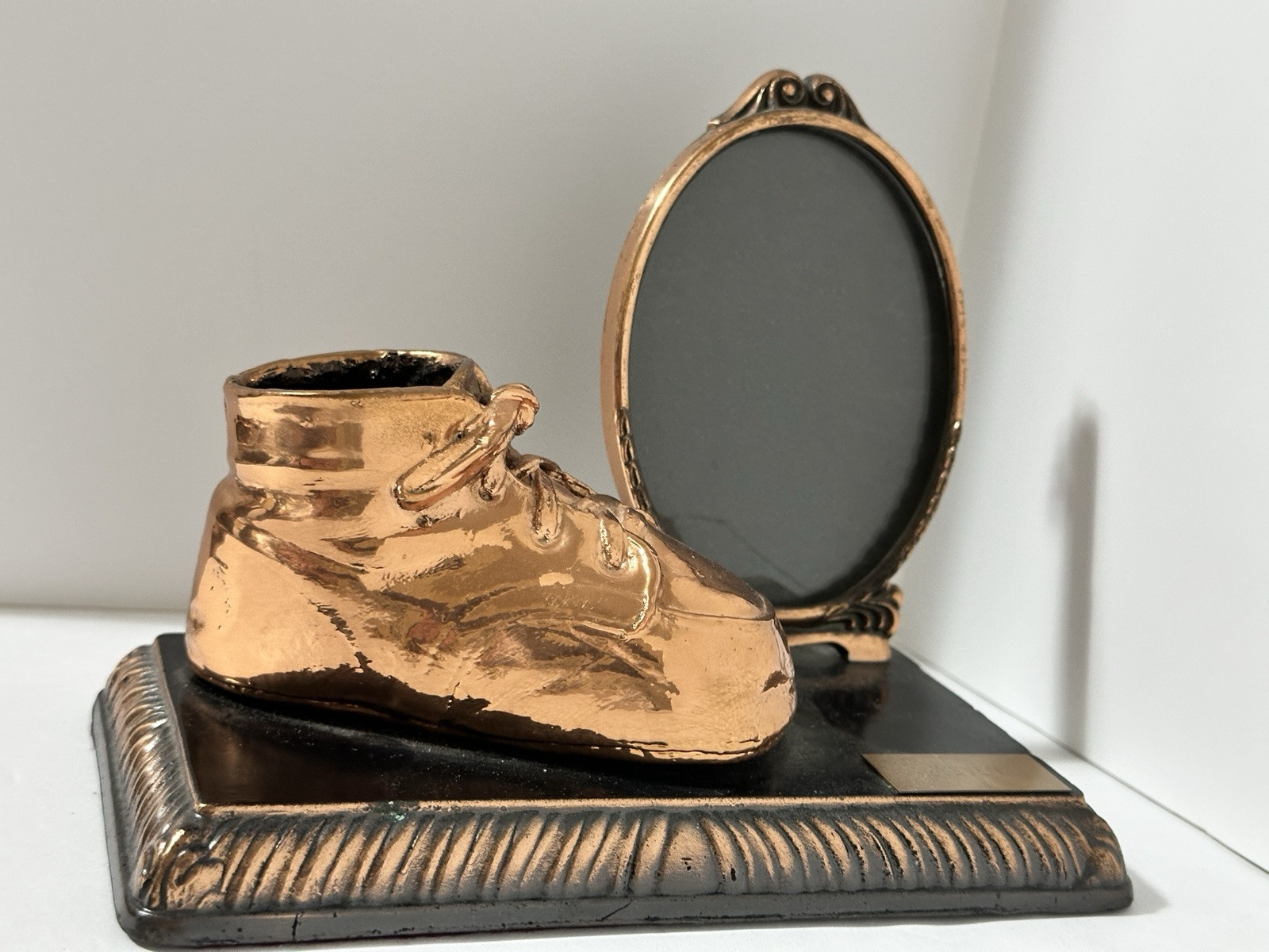 Vintage Copper Newborn Infant Baby Shoe with Photo Frame Decor "STEVEN" Plaque