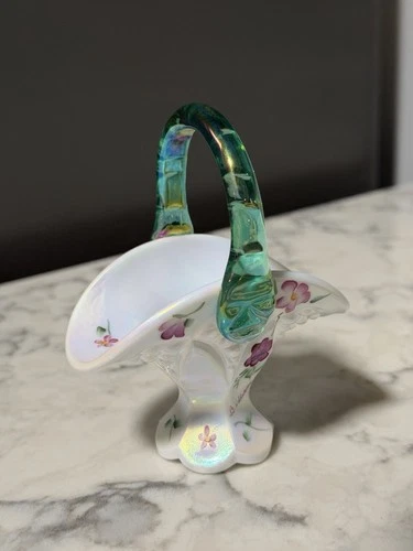 Fenton Milk Glass Iridized Miniature Hand Painted Basket Signed By B. Williams