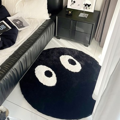 Funny Round Rug, Black and Area Rugs Cute Eyes Bedroom Bedside Rug Shaggy Non...