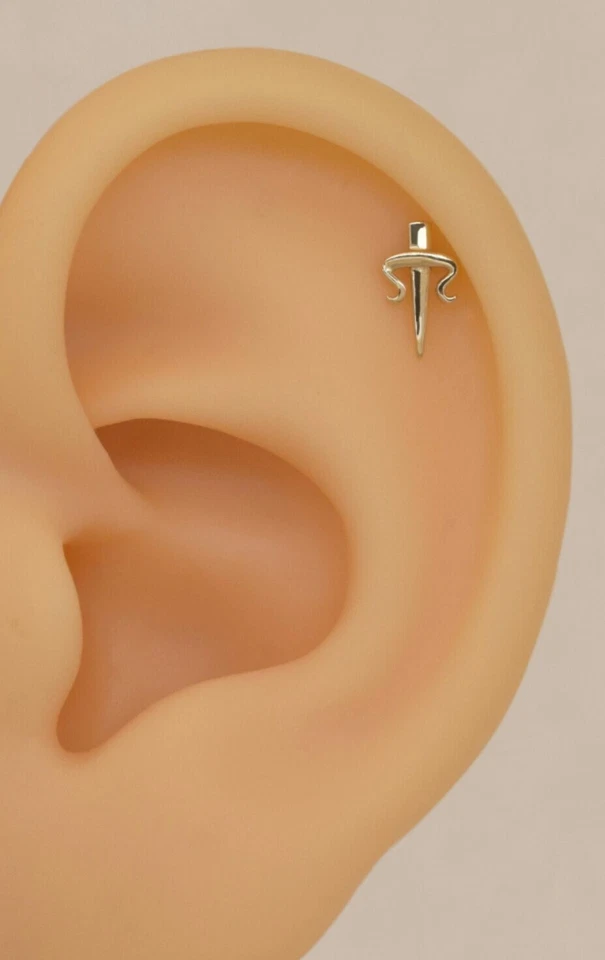 14K Solid Gold Dagger Stud Earrings For Women Cute Sword Piercings Jewelry. - Image 3 of 4
