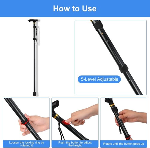 Folding Cane, 5-Level Adjustable Height Walking Stick Lightweight Wrist Straps - Picture 3 of 27