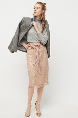 Blush Nude Pink Metallic Floral Lace Satin Bow Tie Waist