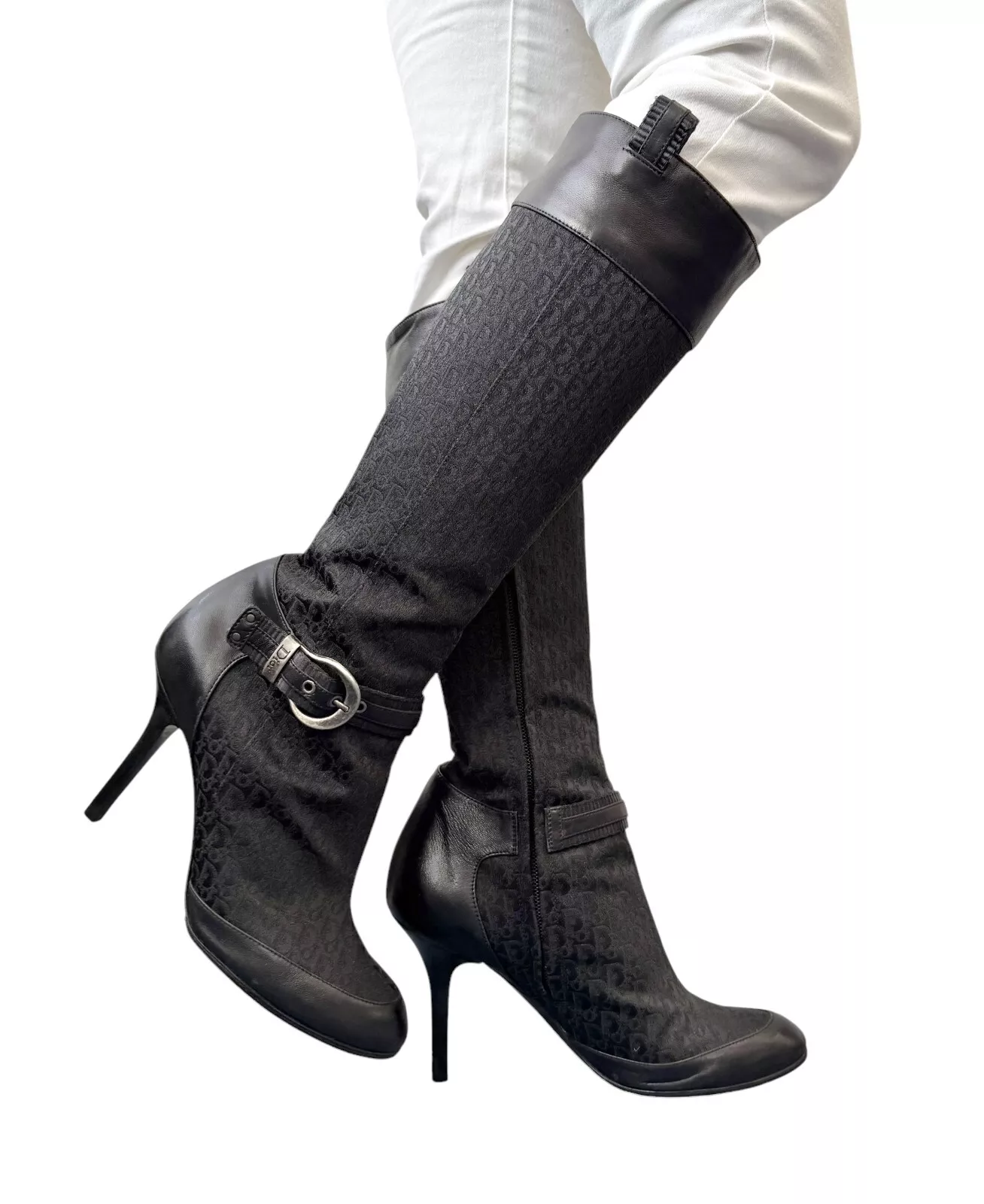 Bottes longues Dior vintage trotteur monogramme talons #38,5 noir toile argentée