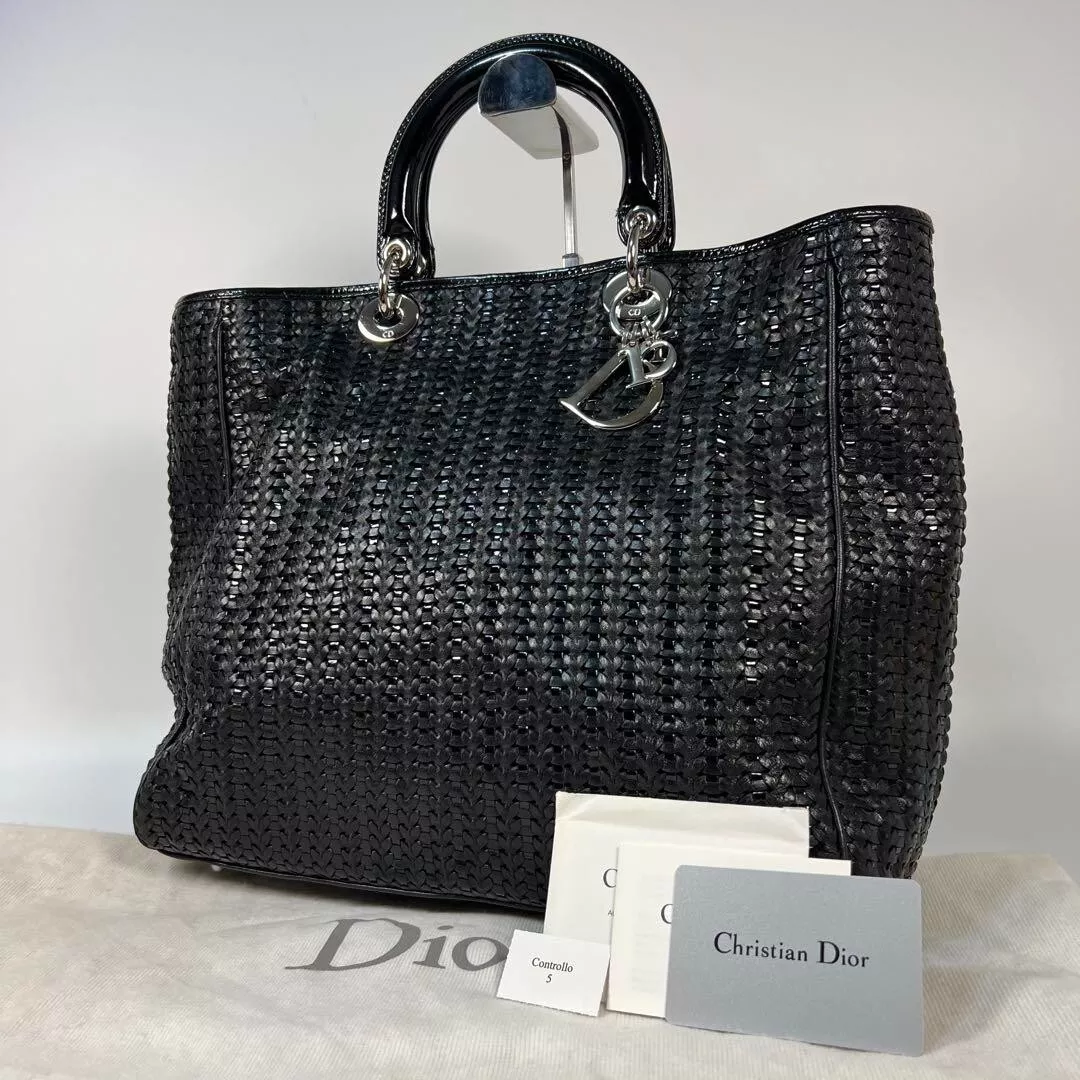 Grand sac fourre tout CHRISTIAN DIOR Lady Dior Intrecciato en cuir noir