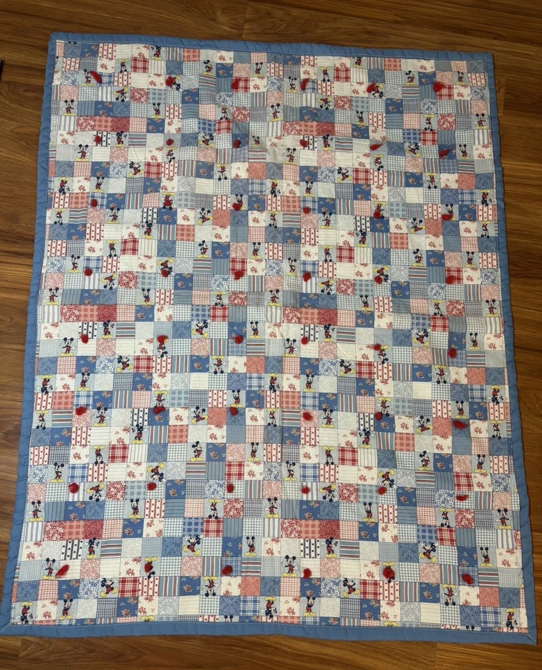 Vintage Handmade Patchwork Quilt Baby Blanket Disney Mickey Mouse Blue 48”x39” - Image 2 of 4