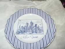 Christian LeCroix "Cartes Postales" Blue/White Striped Dish w/New York Landmarks