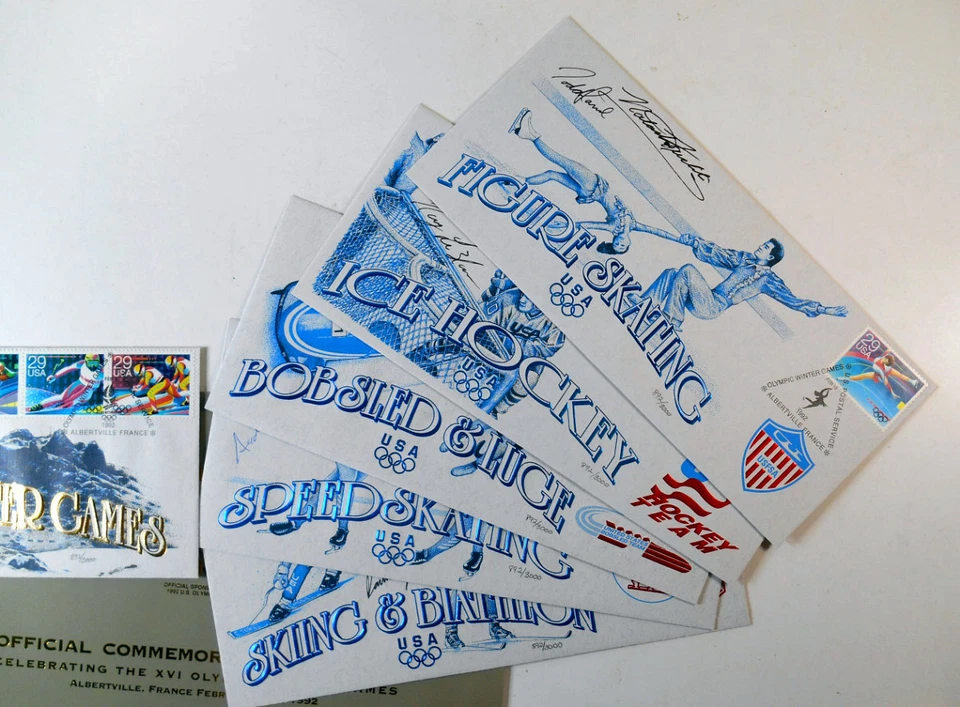 1992 Winter Olympics Sc 2611-15 2615a official USPS athletes signed - limited - Image 3 of 4