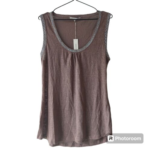 Gerard Darel BNWT vest top size 3 Large brown 100% Linen embroidered silver - Picture 1 of 9