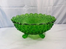 Large L.G. Wright Green Glass Oval Footed Daisy & Button Bowl 10 1/2" Long