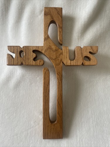 Vintage Handcrafted Thick Wood 14” Cross Sculpture Cut Out Jesus Letters - 第 1/7 張圖片