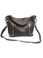 Steve Madden Drk Brown Look of Leather Handbag Shiny Silver Stud Hobo/Crossbody