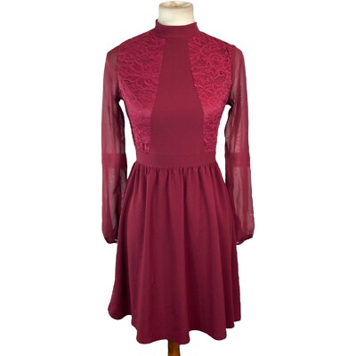 charlotte russe maroon lace dress Charlotte Russe Wine Color Dress Size XS Lace Accent Semi Sheer Sleeves  Maroon