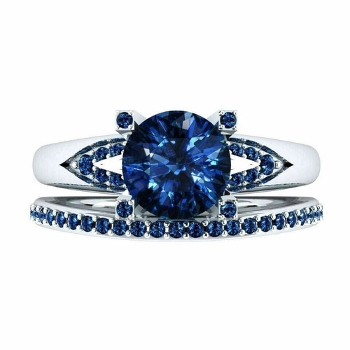 2 Ct Round Cut Simulated Sapphire Wedding Bridal Ring Set 14K White Gold Plated - Picture 3 of 3