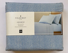 FIELDCREST CAL KING Sheet Set COTTON Percale 300TC Deep Fitted Blue White Stripe