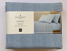 FIELDCREST CAL KING Sheet Set COTTON Percale 300TC Deep Fitted Blue White Stripe