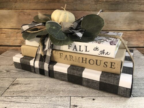 Set of 3 Rustic Black White Fall At The Farmhouse Stamped Hardback Books - Picture 1 of 5