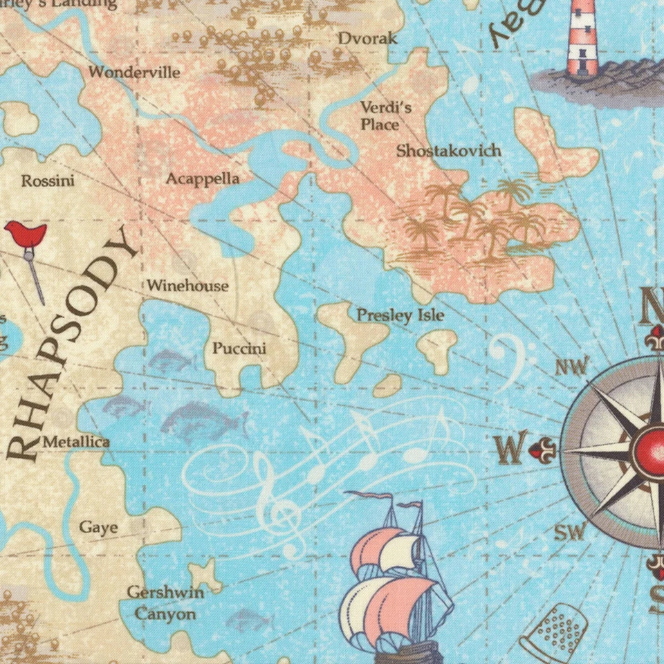 MAPA MUSICAL Timeless Treasures Fila X Fila Estampado Azul 100% Algodón Tela Edredón  Foto 3 de 3