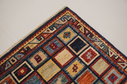 4 x 6 ft Navy Blue Check Gabbeh Tribal Afghan Hand Knotted Wool Rug - Picture 6 of 18