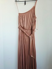 Halston Heritage Rose Gold Pleated Lamé One Shoulder Maxi Dress US 6