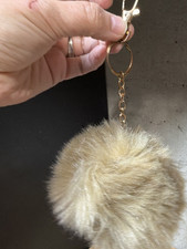 Beige Faux Fur Pom Pom Key Chain Bag Charm Gold Tone Keyring Lobster Clasp