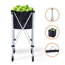 Foldable Tennis Ball Hopper, 150-Ball Capacity, Aluminum Basket Cart with Wheels