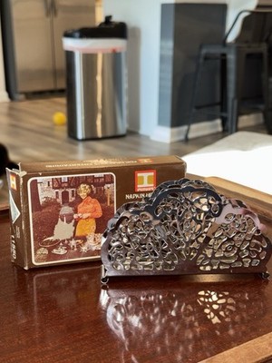 Vintage Irvinware metal filigree napkin holder with original box.
