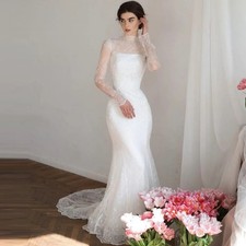 Luxurious White Lace Mermaid Wedding Dress O-Neck Sequin Long Sleeve Bridal Gown