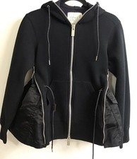Sacai Sponge Sweat Black Hood Jacket ZipUp Sides Drawstring Waist Cotton Size 3