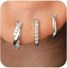 GlamRays 3 Pairs of Earrings Set for Women, Petite Small Sterling Silver Earrin
