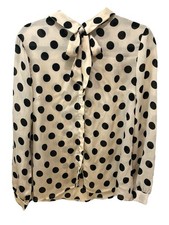 80s Polka Dot Sheer Tie Neck Cream Black Top Medium Rockabilly Pin Up Nostalgia