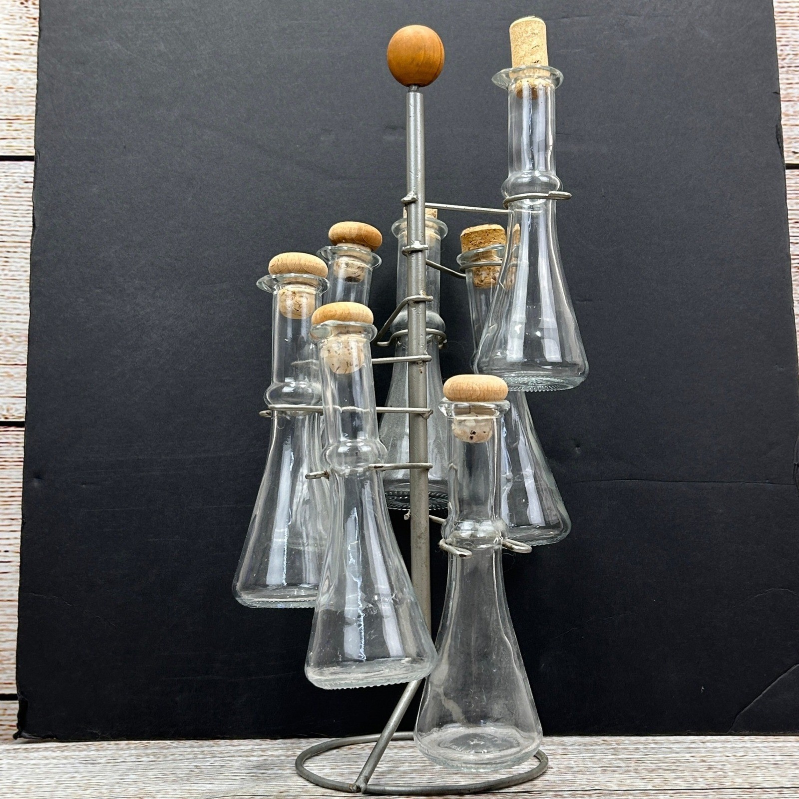 Vintage Italian 6 Bottle Glass Cruet Beaker Set w/ Metal Carousel Made in Italy