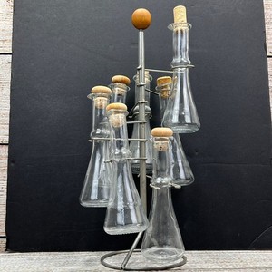 Vintage Italian 6 Bottle Glass Cruet Beaker Set w/ Metal Carousel Made in Italy