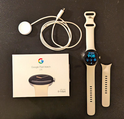 Google Pixel Watch LTE 41mm 32GB GPS Black Case White Silicone Band + Box