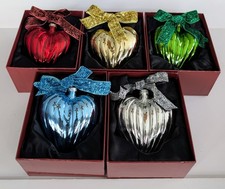 Set/5 Multicolor Heart Shaped Glass Hanging Christmas Ornaments w/ Bows DAMAGE