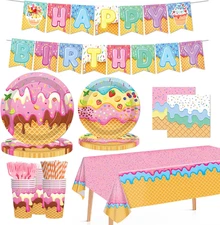 146Pcs Ice Cream Party Plates, Napkins, Banners, Forks, Straws and Tablecloths D