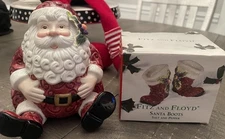 Fitz and Floyd  Santa Salt & Pepper Shakers Santa's Boots NIB & Small Cookie Jar