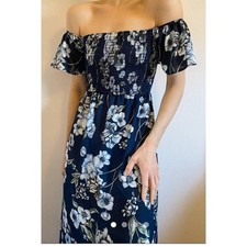 Altar'd State Womens Navy Floral Maxi Dress Medium Off Shoulder Beach Side Slits