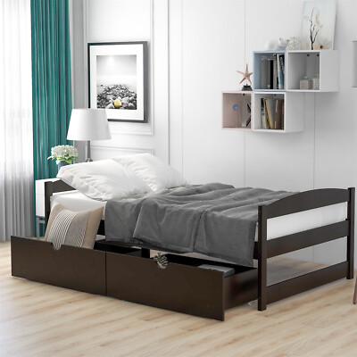 Twin Size Bed Frame Wooden Platform Bed w/ 2 Drawers White/Gray/Espresso