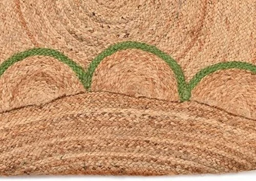 Rug Round Jute Scallop Design Natural Floors Rug Beige With Green Handmade - Image 4 of 4