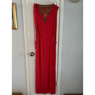 Boston Proper Maxi Dress Womens M Strapless Gold Embellished Neckline Boho Red