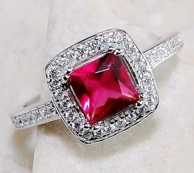 2CT Treated Ruby & White Topaz 925 Solid Sterling Silver Ring Sz 8 JB2-9
