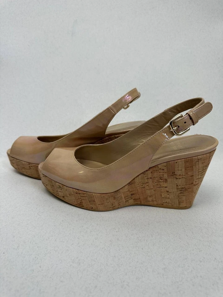 Stuart Weitzman Jean Nude Patent Leather Wedge Heel Sandals Size 38 - Image 3 of 4