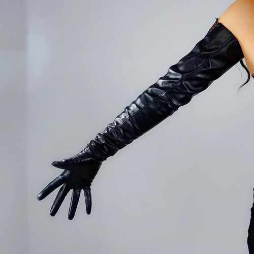 Women's Lace GLOVES Black 70cm Long Faux Leather Fashion Evening Opera Party - Picture 5 of 8