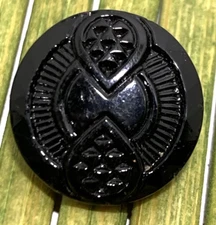 Antique Jet Black Glass Button Art Deco Design Faceted Edge Tunnel Shank 9/16"